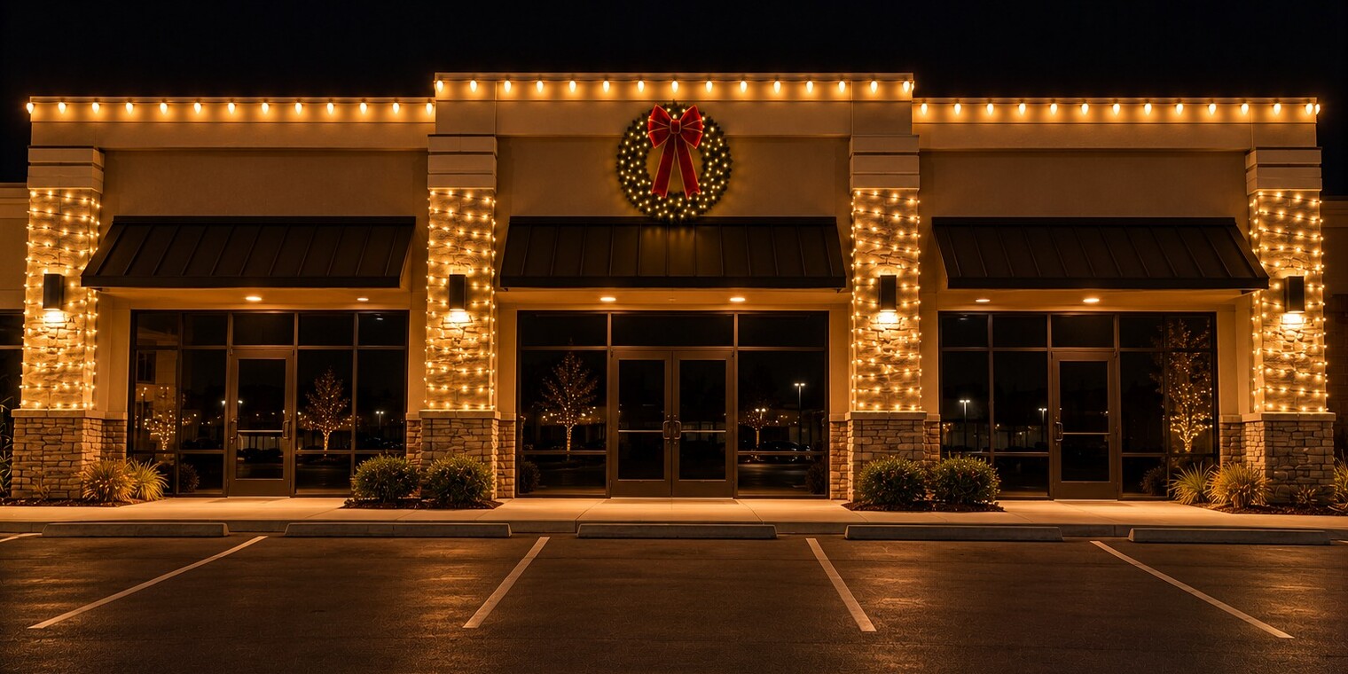 Christmas decorating service in Lincoln, CA: commercial storefronts parapet lights column wraps wreath warm white
