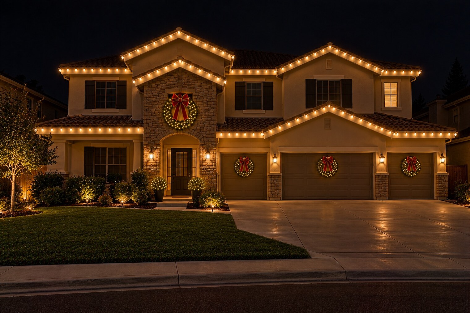 Christmas light and wreath installation in Elk Grove, CA: two story stone entry wreath garage door wreaths warm white