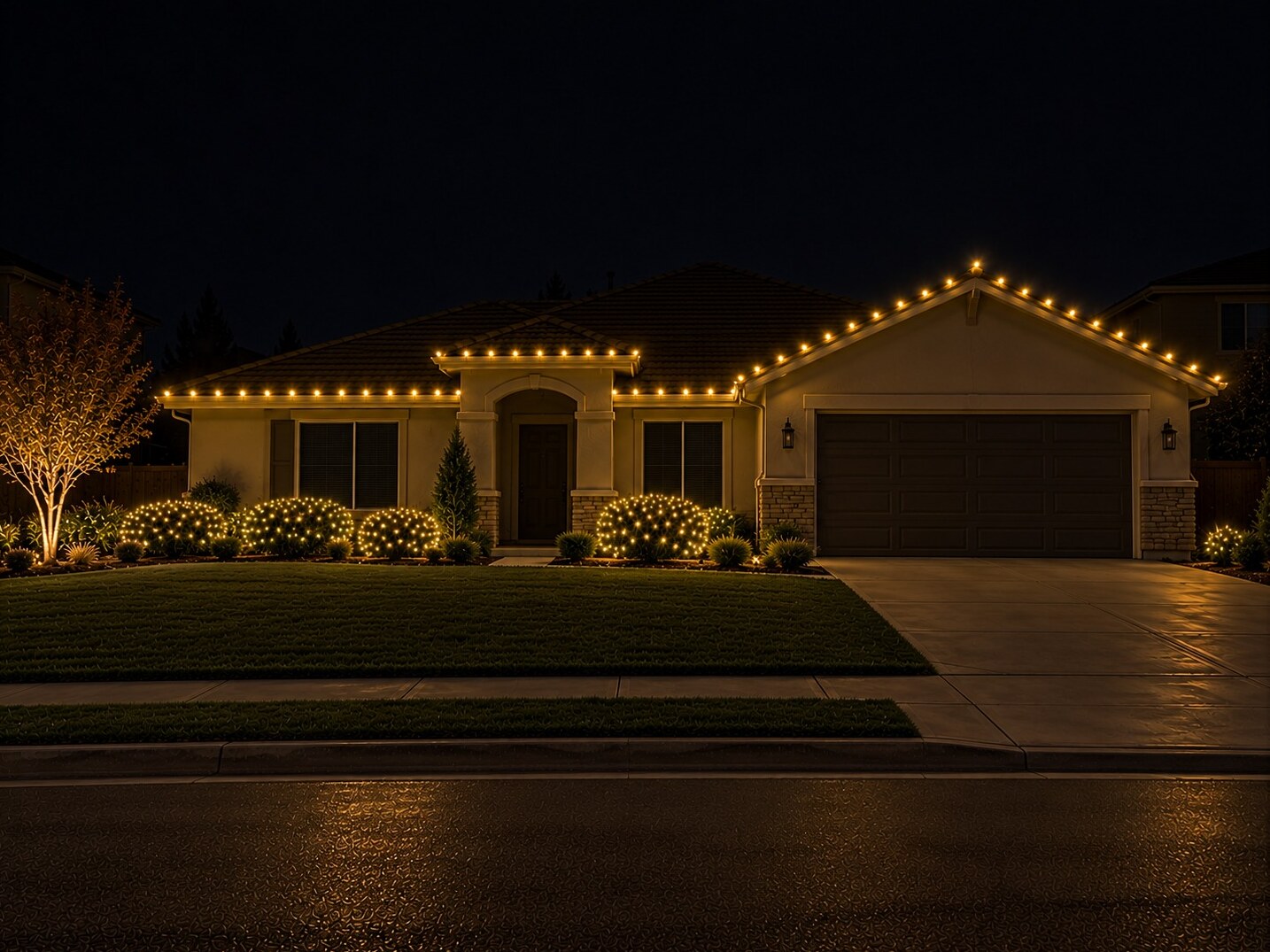 Christmas light company in Cameron Park, CA: stucco ranch c9 roofline dark windows warm white