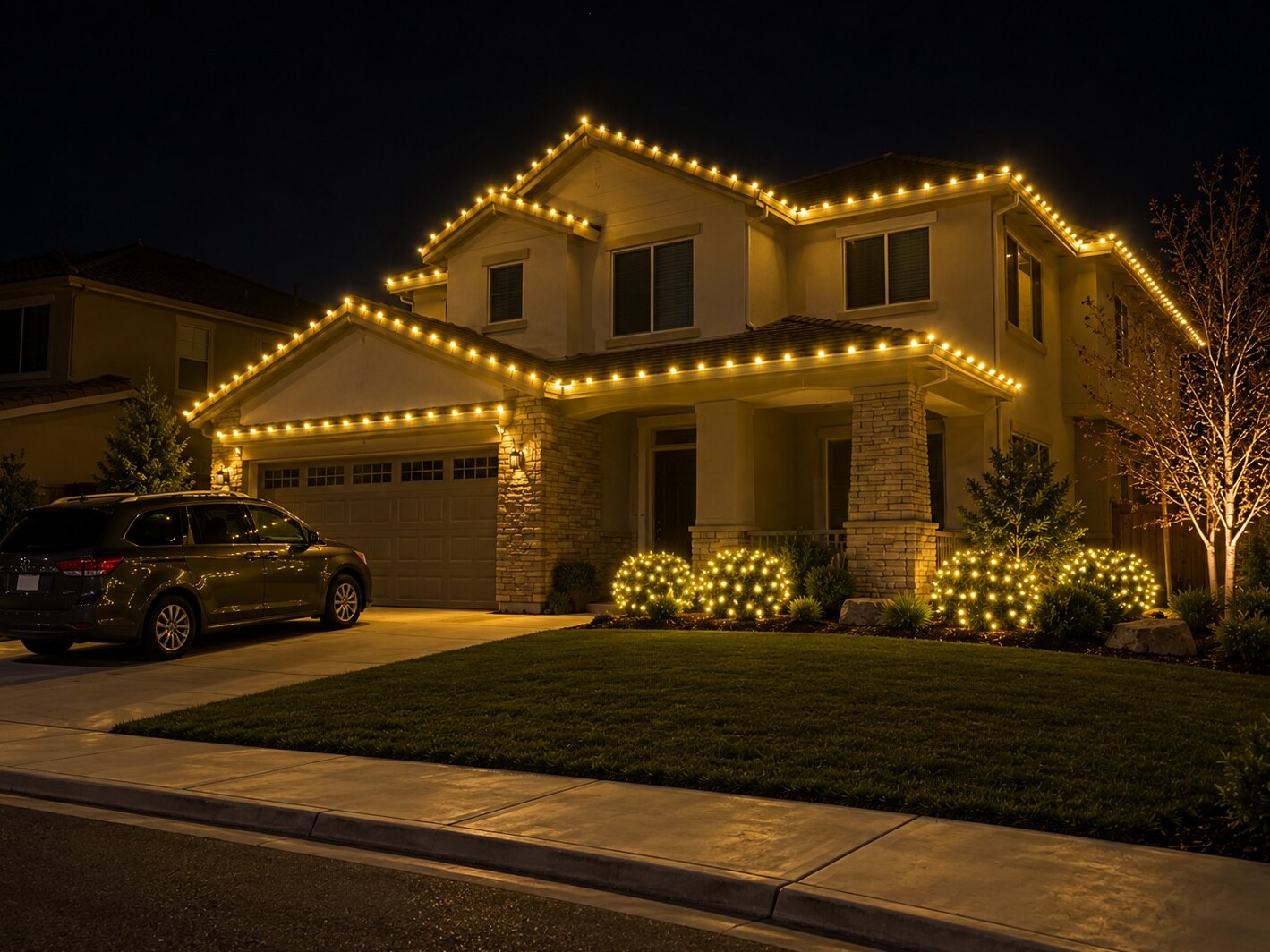 Christmas light company in Cameron Park, CA: two story stone entry c9 warm white