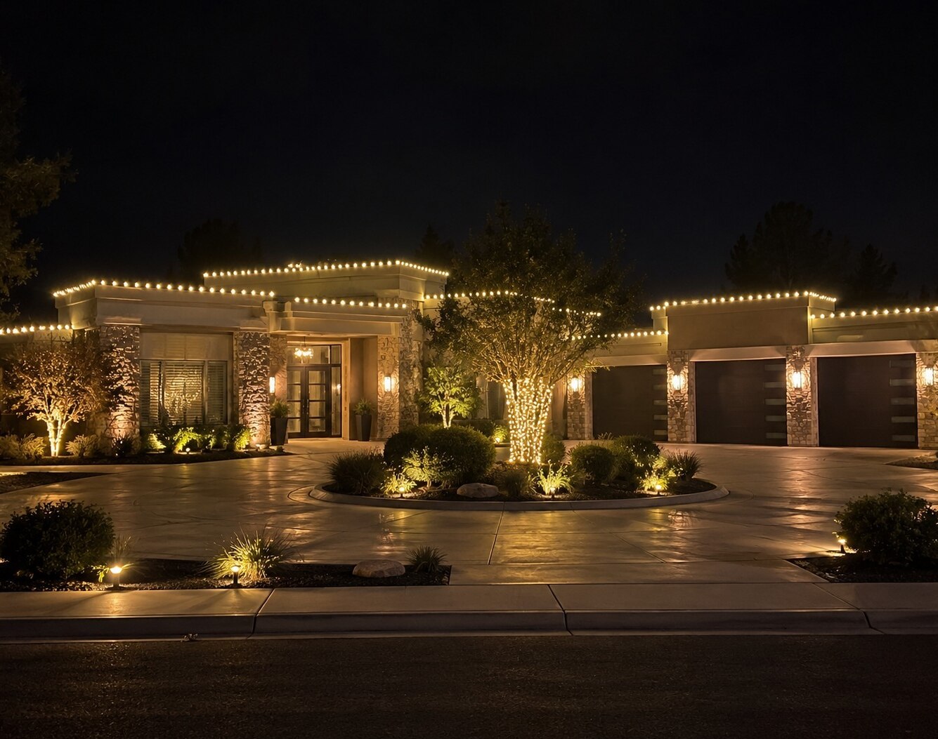 Christmas light company in Carmichael, CA: modern estate stepped parapets warm white roofline
