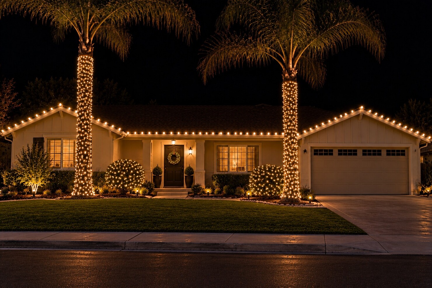 Christmas light company in Fair Oaks, CA: rancher palms warm white