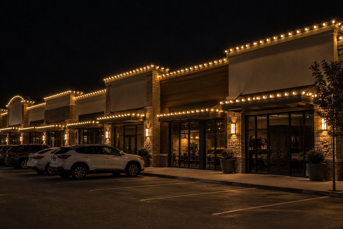 Christmas light company in Granite Bay, CA: commercial storefronts warm white