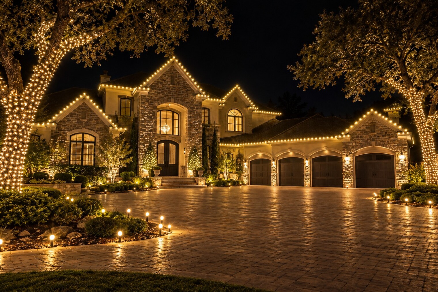 Christmas light company in Rocklin, CA: grand stone estate four car garage wrapped oaks warm white