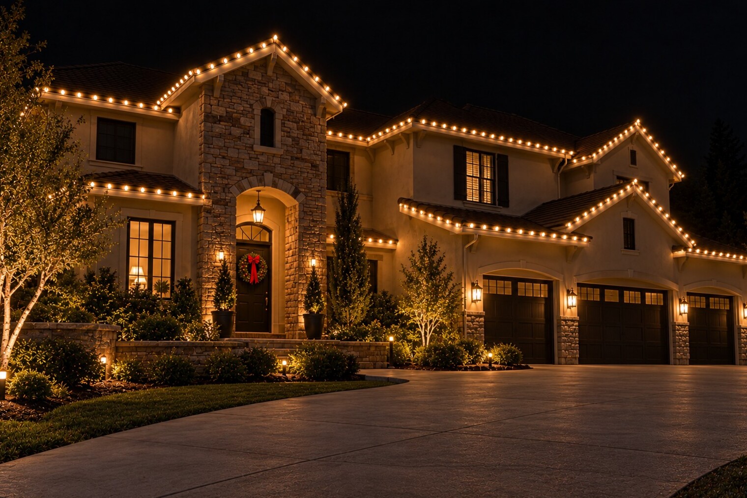 Christmas light hanging in Cameron Park, CA: stone tower entry warm white wreath