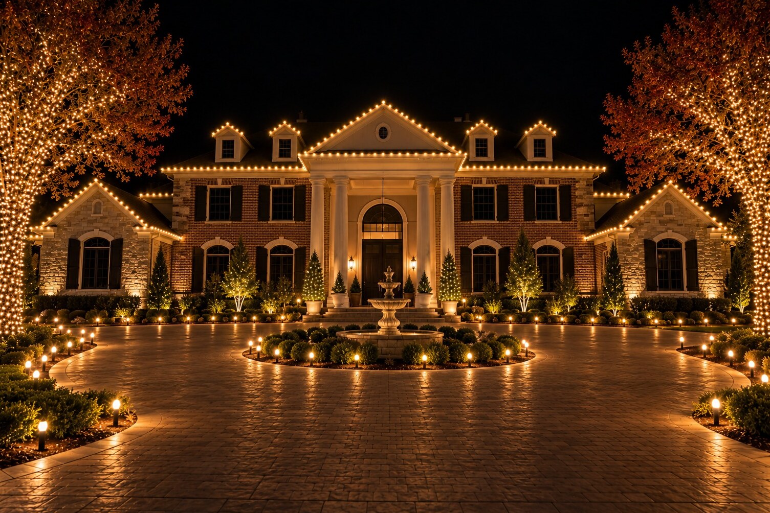 Christmas light hanging in Carmichael, CA: grand brick estate columned portico fountain wrapped maples warm white