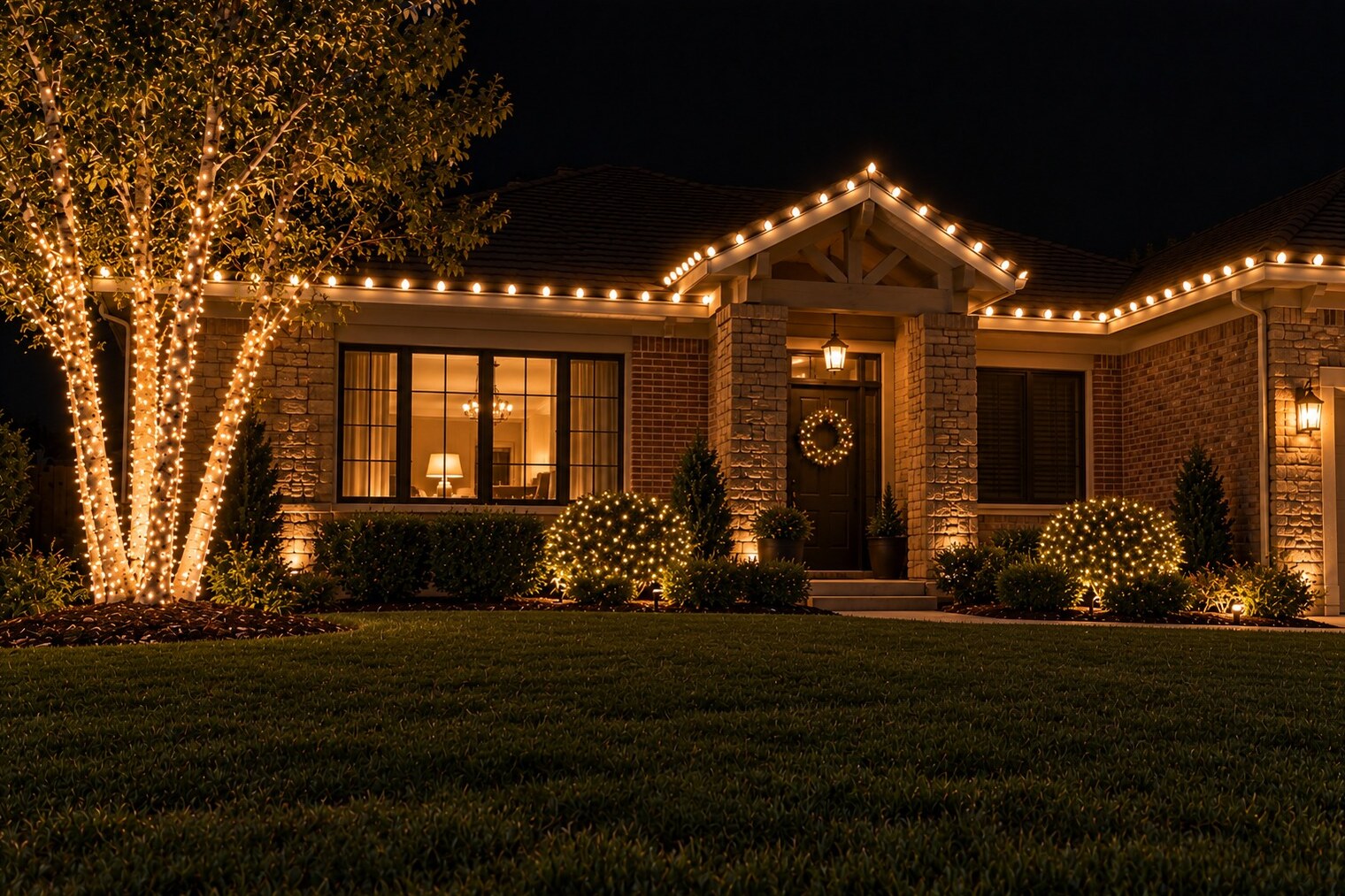 Christmas light hanging in Carmichael, CA: single brick warm white birches