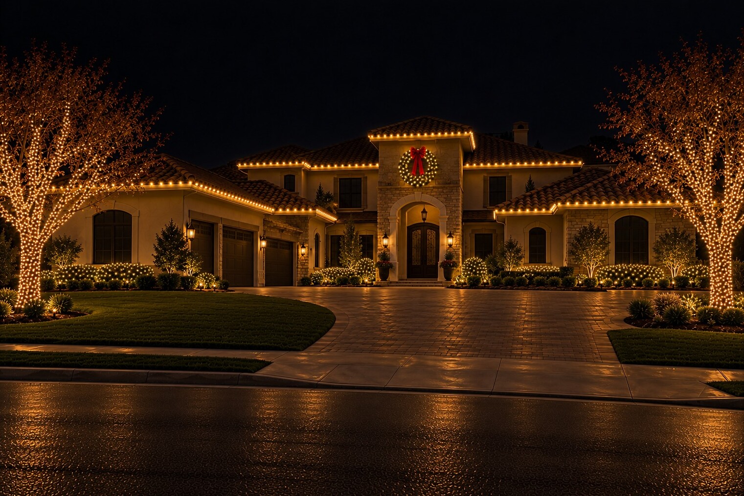 Christmas light hanging in Loomis, CA: grand tuscan tower wreath estate c9 warm white