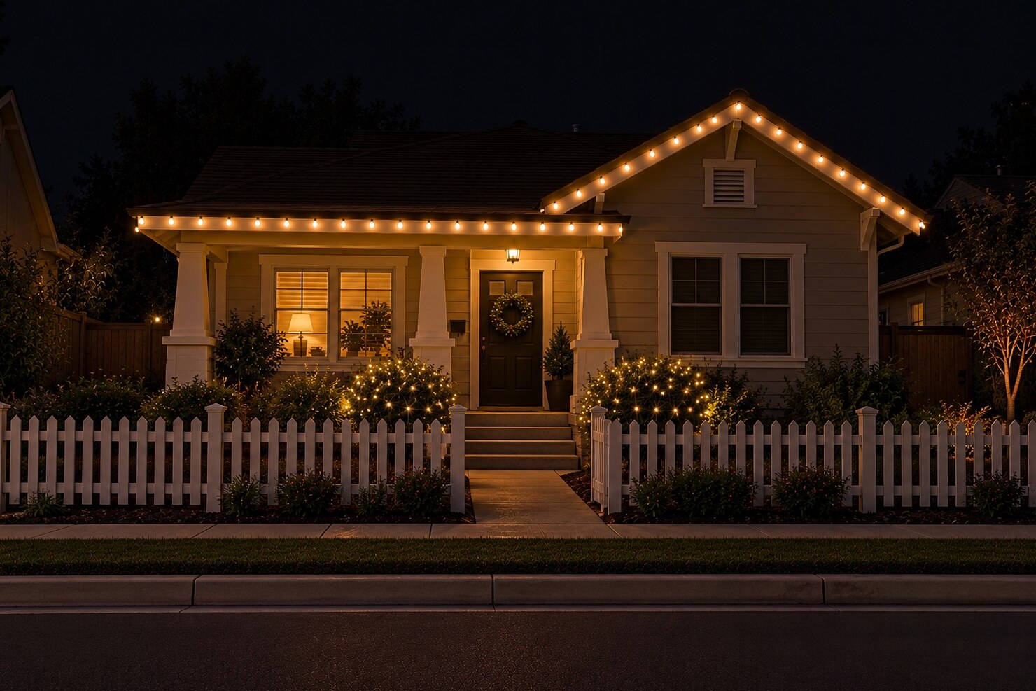 Christmas light hanging in Placerville, CA: bungalow picket warm white bushes