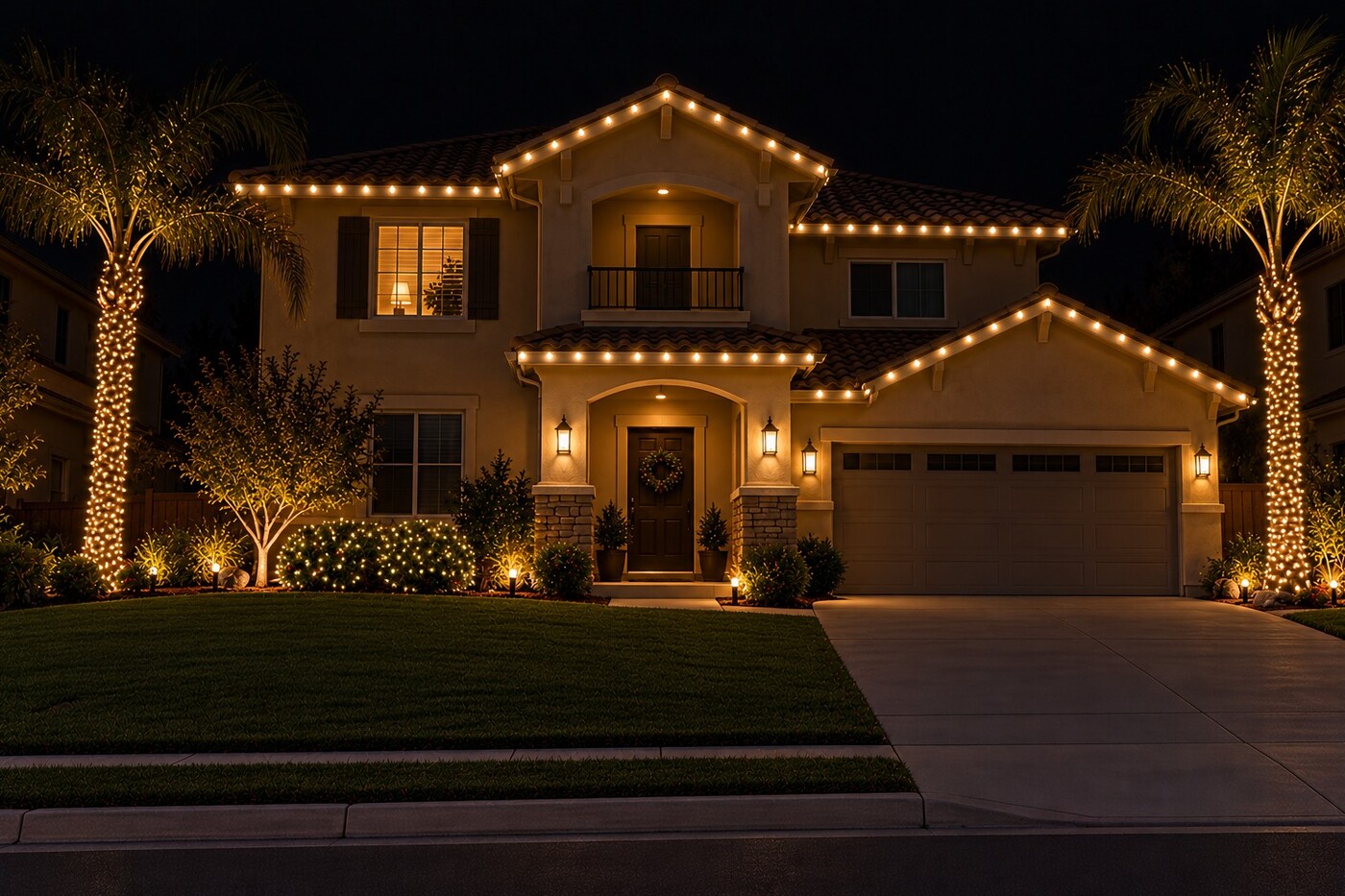 Christmas light hanging in Sacramento, CA: balcony two story warm white palms
