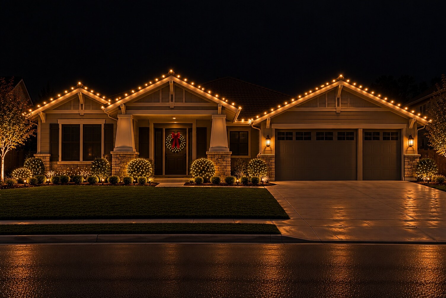 Christmas light installation in Auburn, CA: craftsman door wreath c9 warm white
