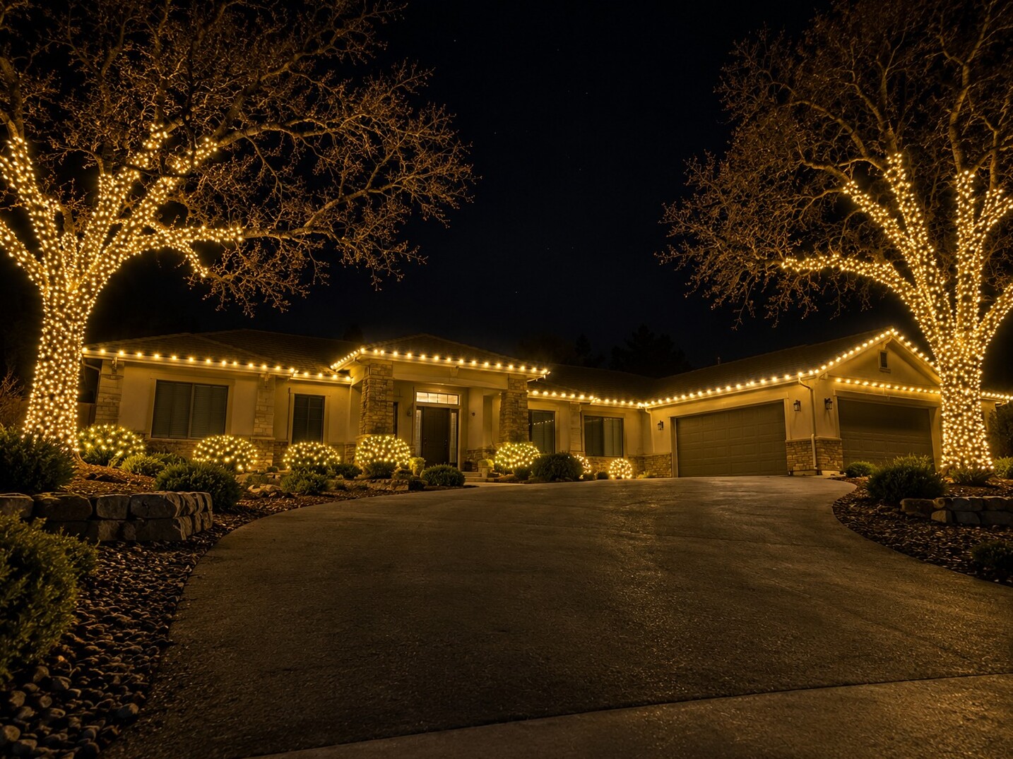 Christmas light installation in Auburn, CA: foothill twin oak wraps c9 warm white