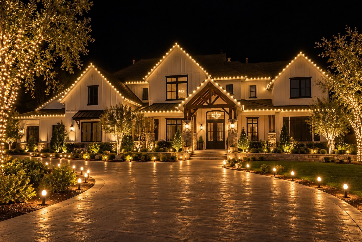 Christmas light installation in Auburn, CA: grand modern farmhouse three gables driveway stakes warm white