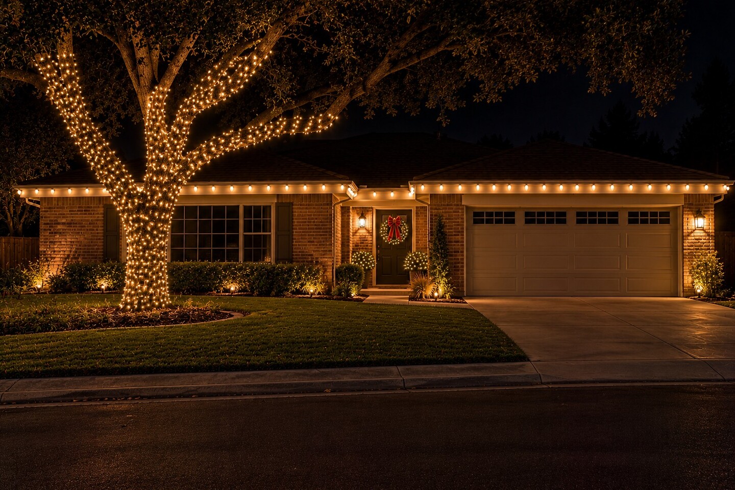 Christmas light installation in Elk Grove, CA: brick hip roof home oak wrap door wreath warm white