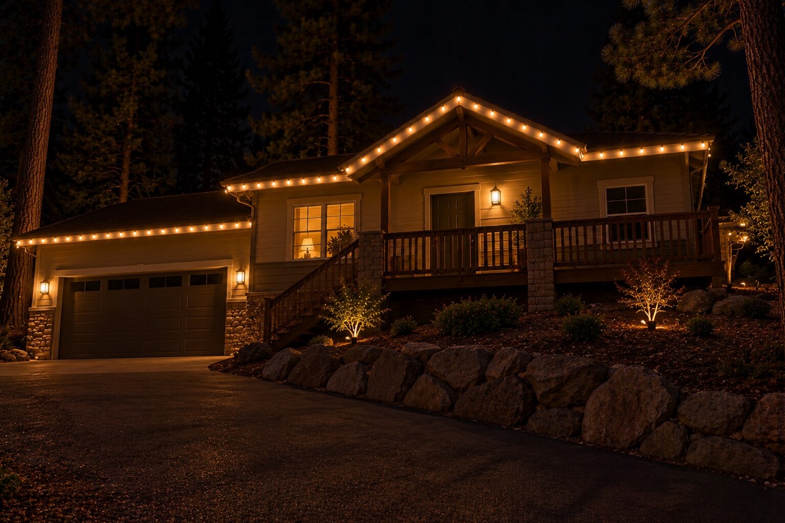 Christmas light installation in Galt, CA: tract home warm white roofline