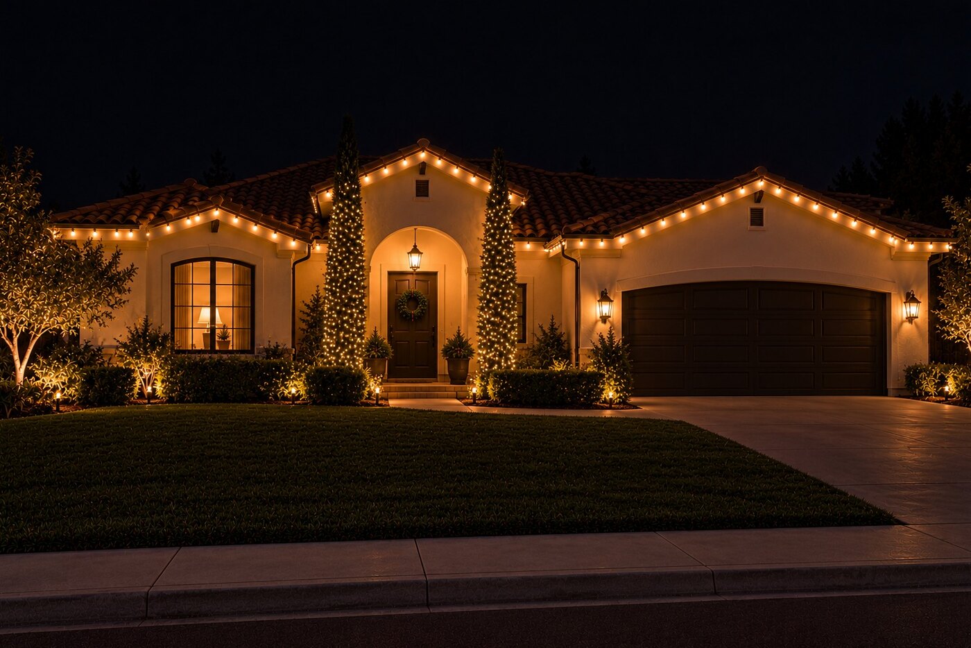 Christmas light installation in Loomis, CA: tract home warm white roofline