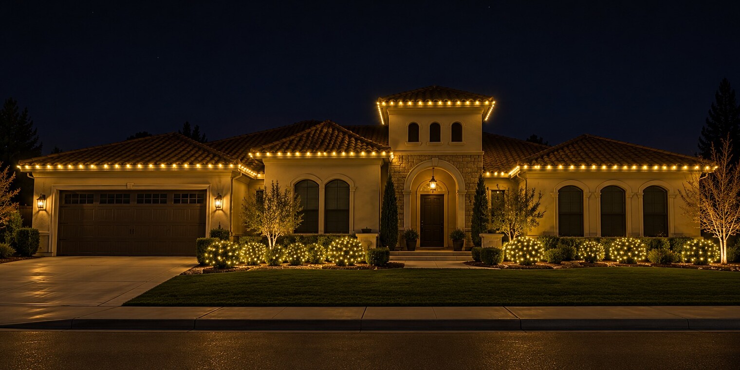 Christmas light installation in Sacramento, CA: mediterranean tower eave c9 warm white