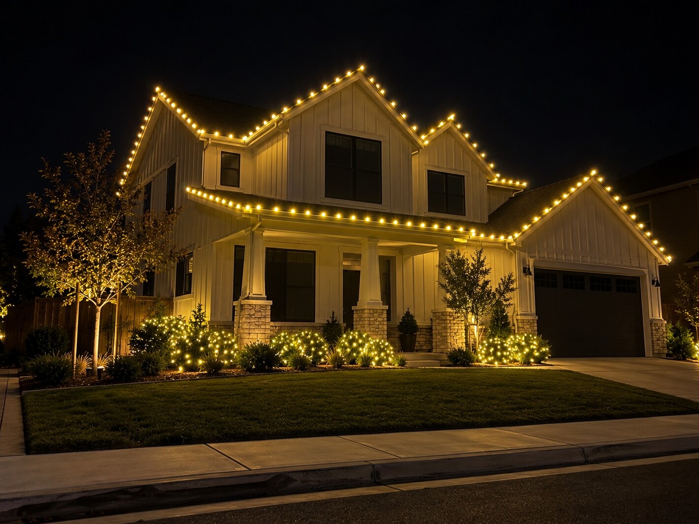 Christmas light installation in Sacramento, CA: modern farmhouse two story c9 warm white