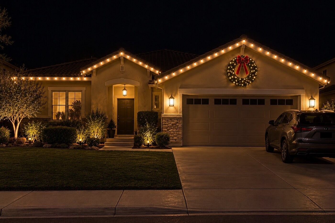 Christmas light installers in Auburn, CA: single story tract home lit wreath on gable warm white