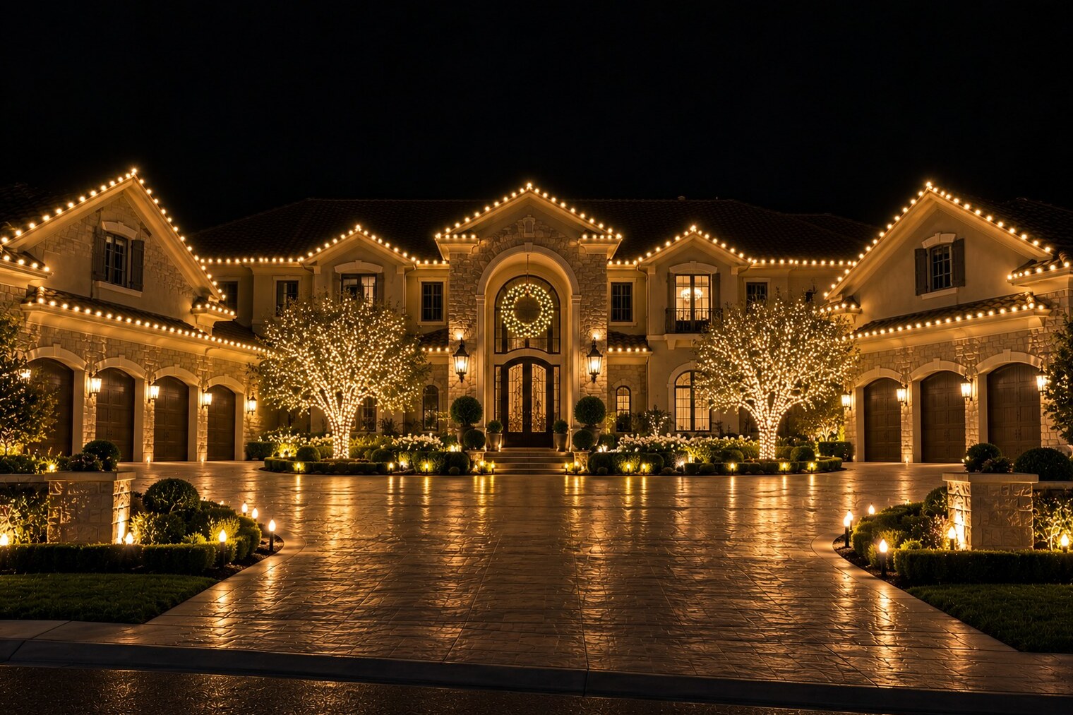 Christmas light installers in Folsom, CA: grand twin gable estate arched entry wreath six car garage warm white