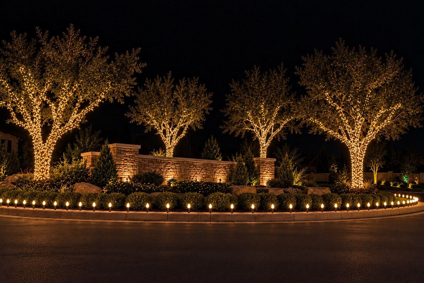 Christmas light installers in Folsom, CA: hoa entrance warm white trees