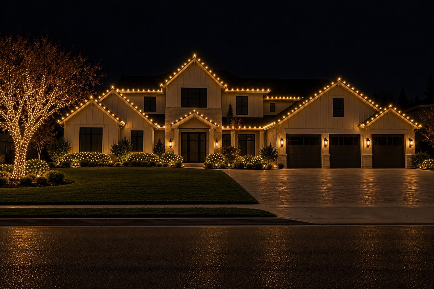 Christmas light installers in Pollock Pines, CA: grand modern farmhouse estate c9 warm white
