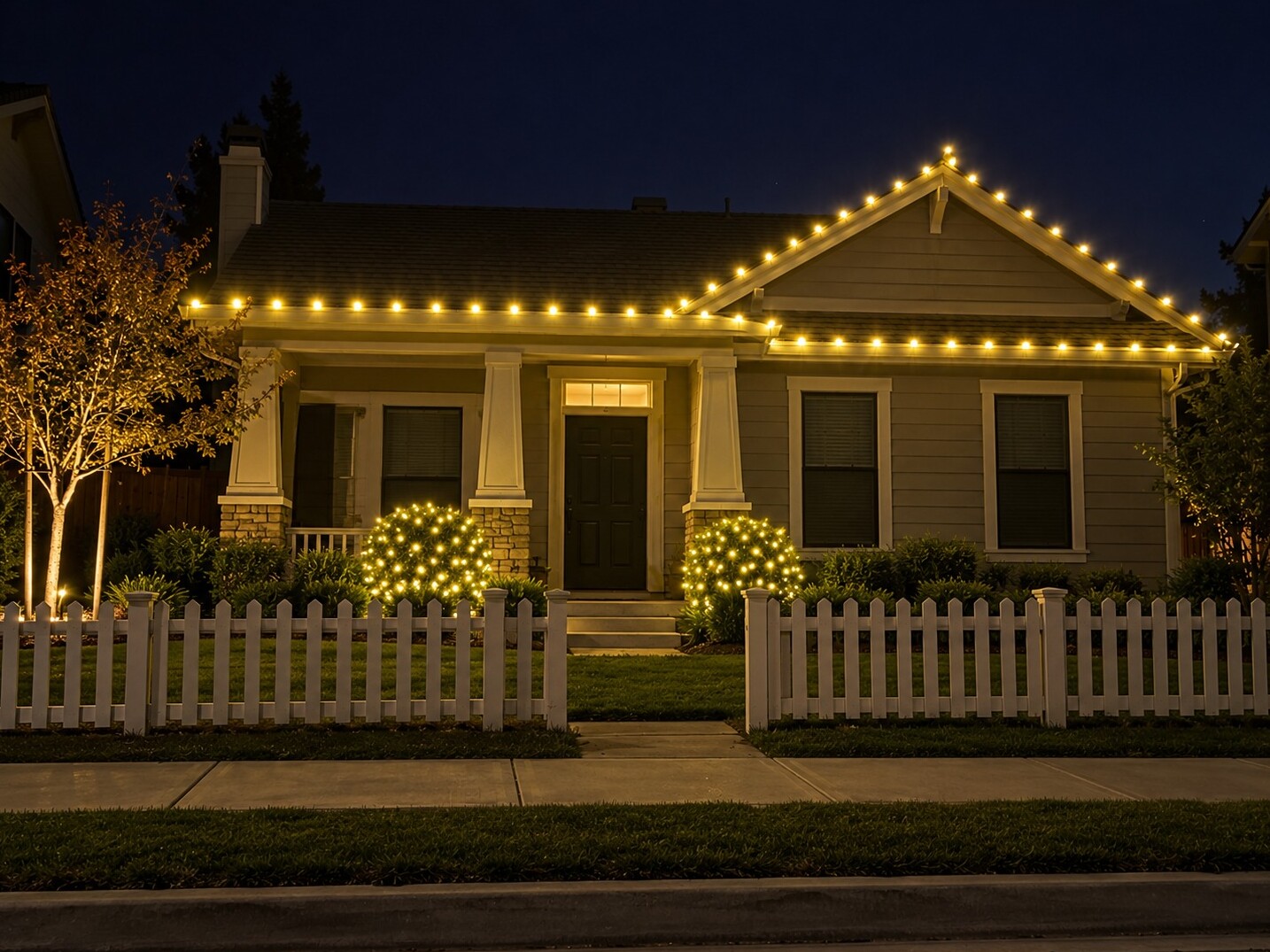 Christmas light service in Cameron Park, CA: cottage picket fence c9 warm white