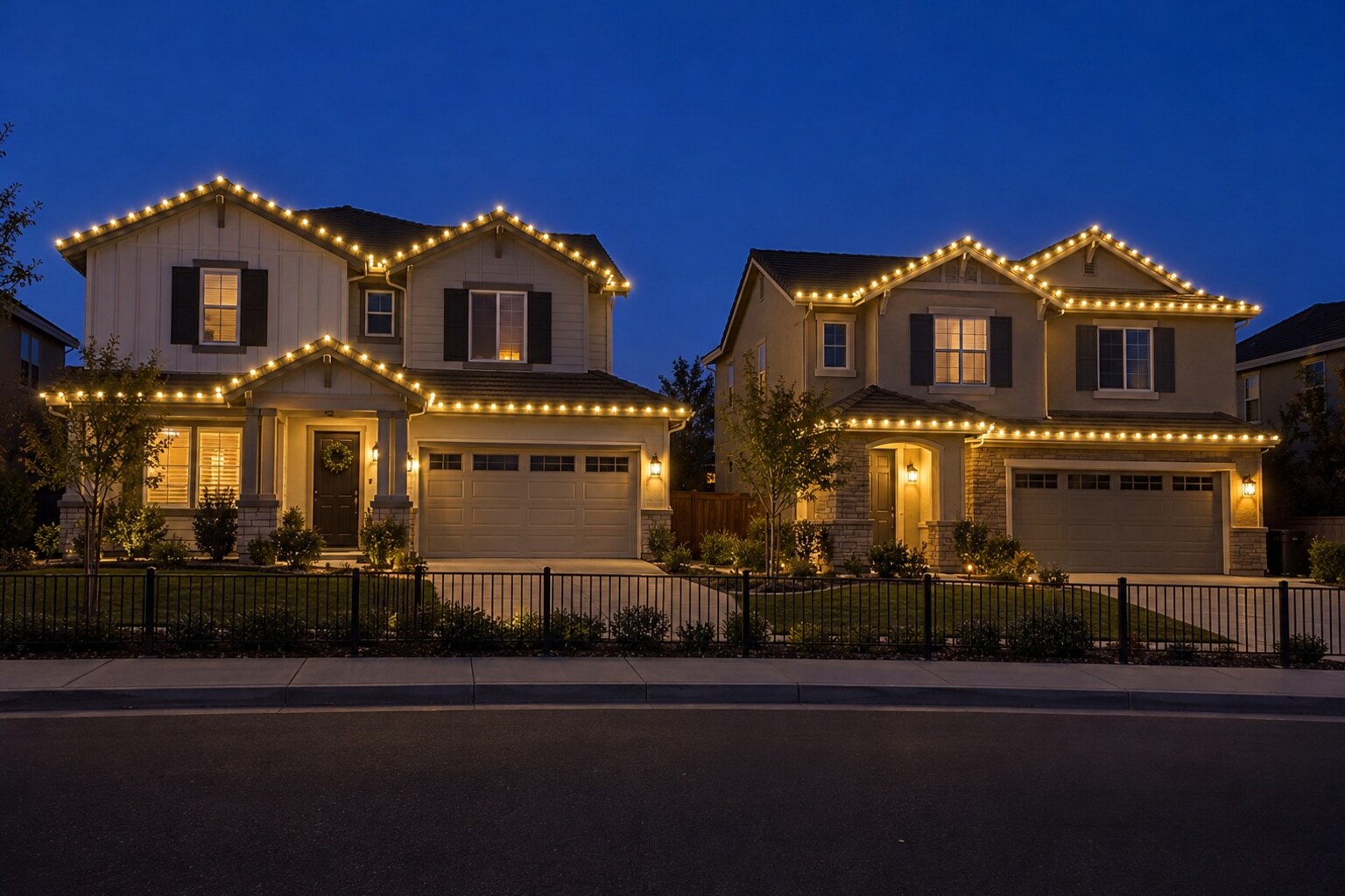 Christmas light service in Granite Bay, CA: two homes street warm white bluehour