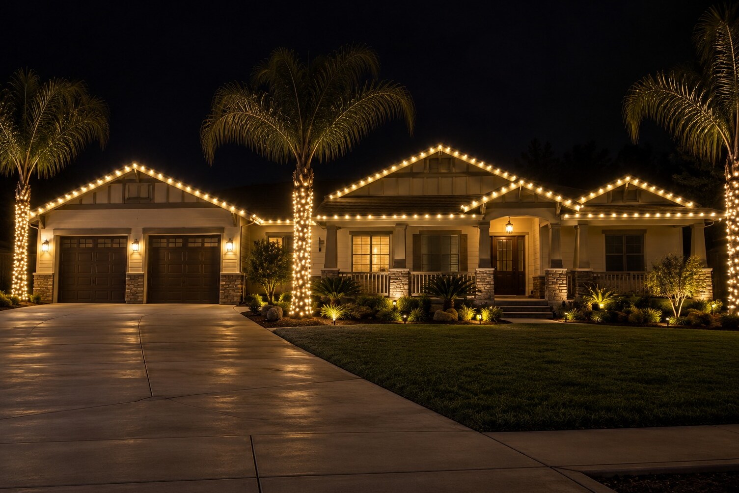 Christmas light service in Pollock Pines, CA: ranch three gables porch palm wraps warm white