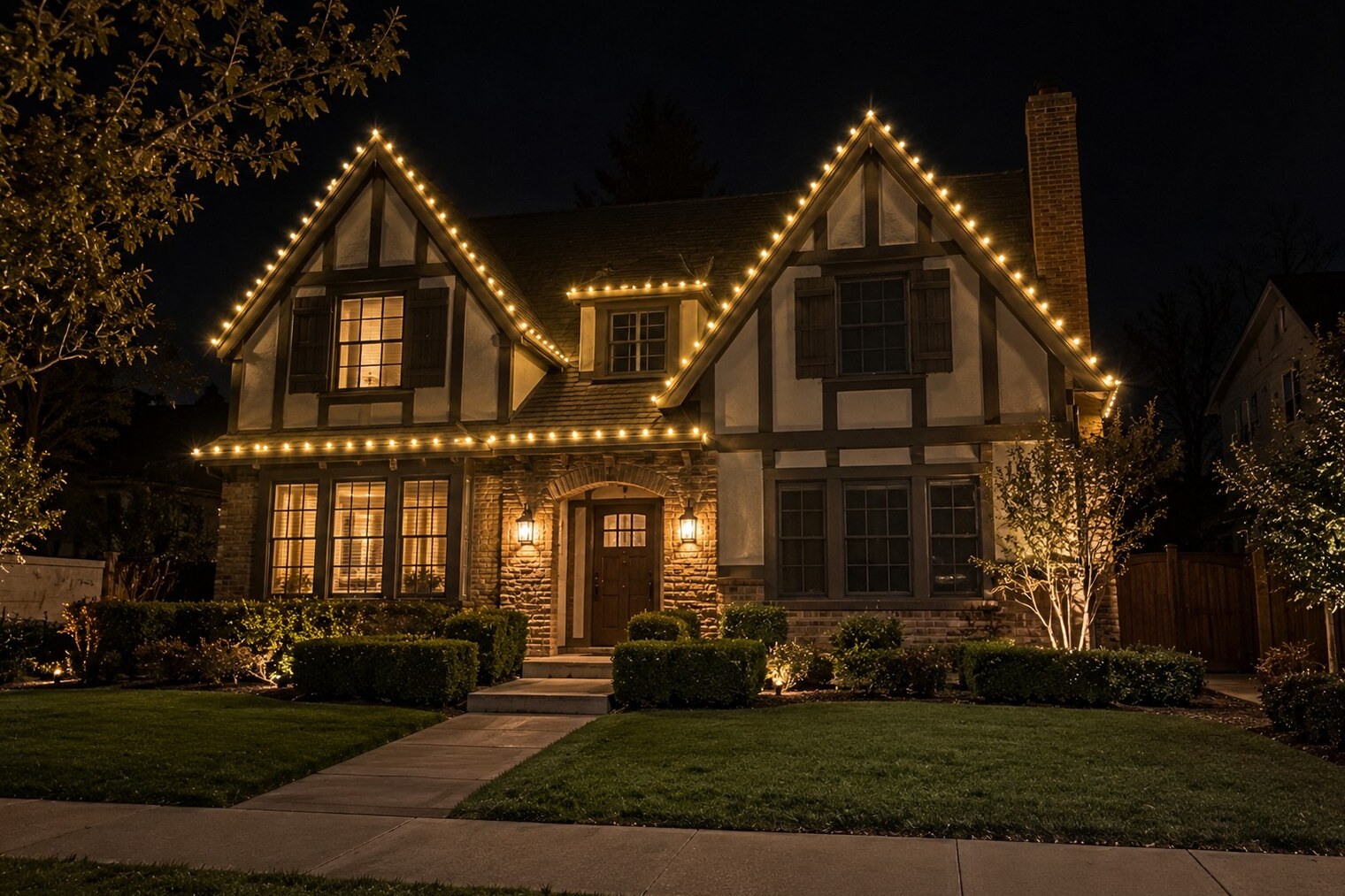 Christmas light service in Rocklin, CA: tudor steep gables warm white