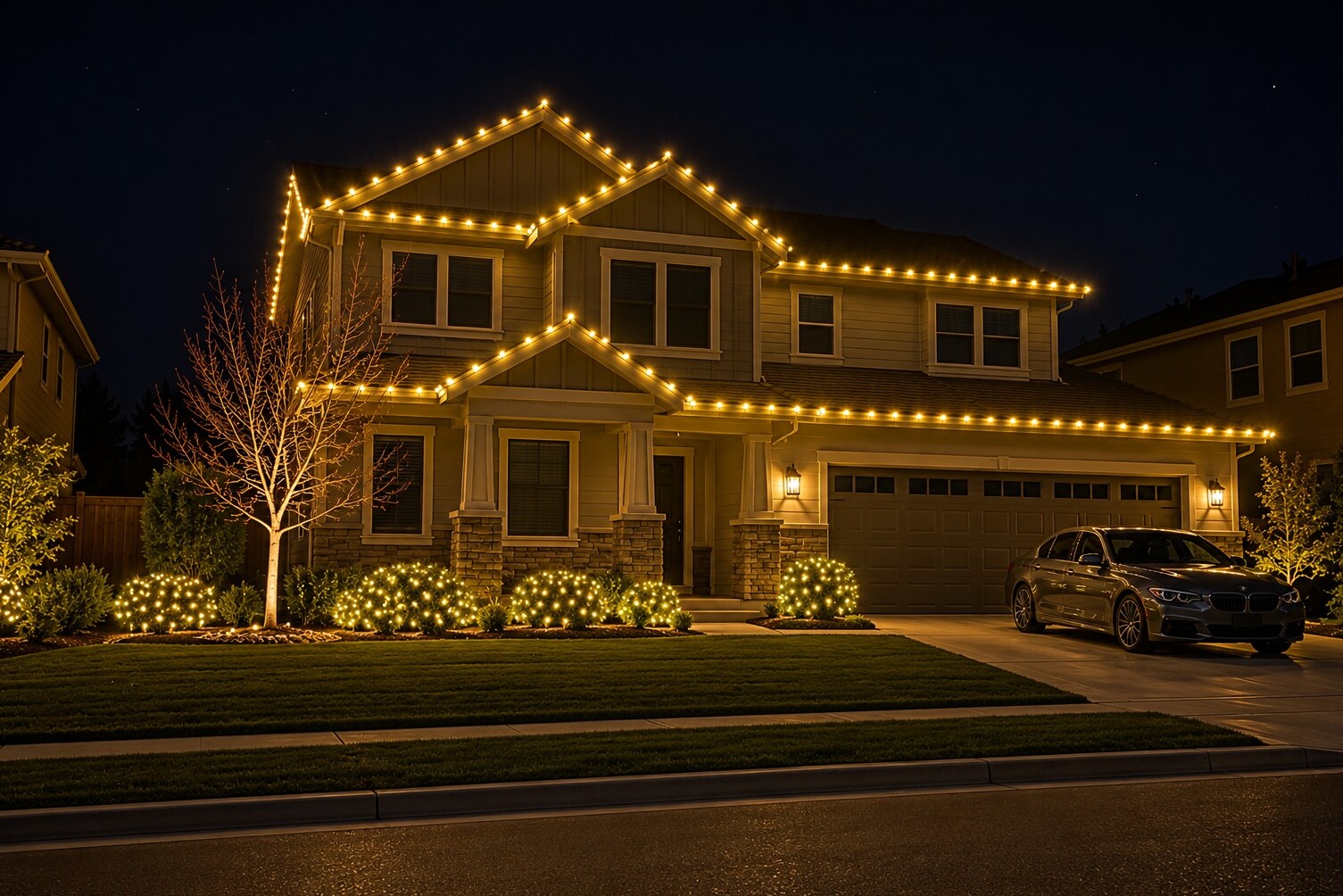 Christmas lights in Cameron Park, CA: tract two story sedan c9 warm white