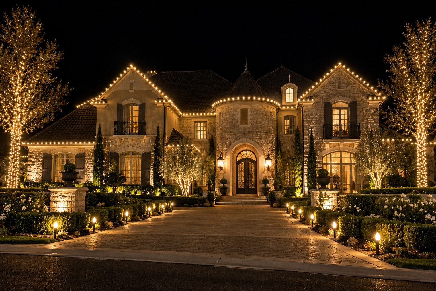 Christmas lights in Loomis, CA: grand french country estate stone turret warm white