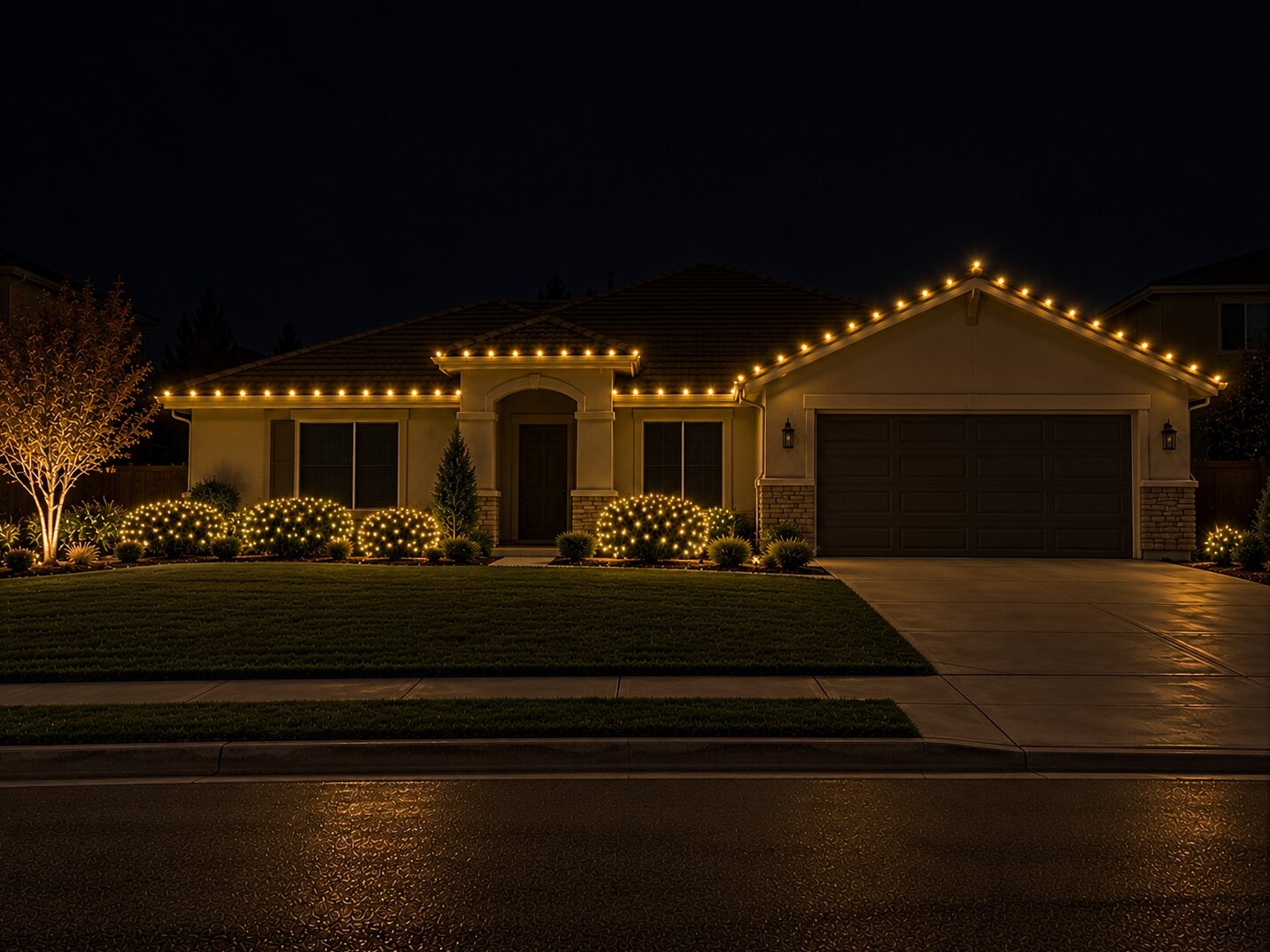 Christmas lights in Loomis, CA: stucco ranch c9 roofline dark windows warm white
