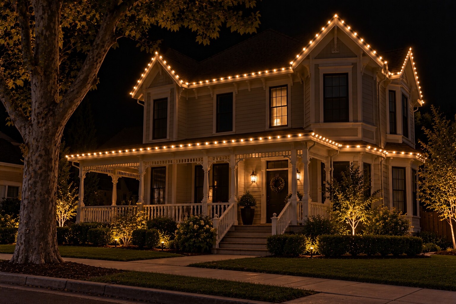 Christmas lights in Pollock Pines, CA: victorian downtown warm white