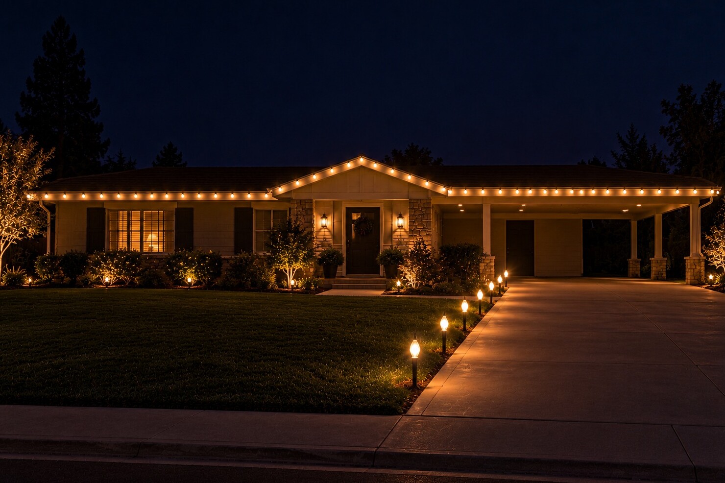 Christmas lights in Rancho Murieta, CA: ranch carport warm white stakes