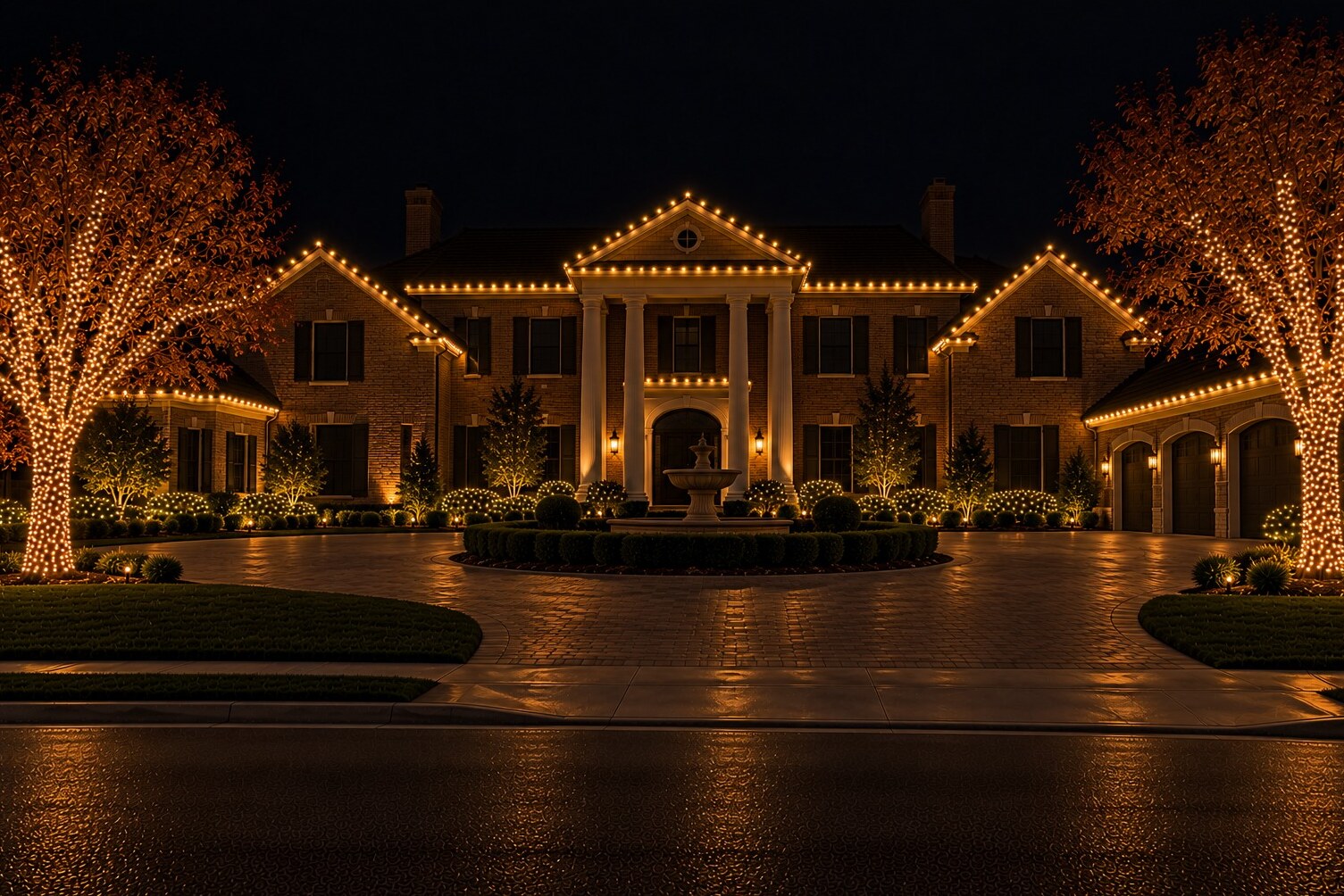 Christmas lights in Rocklin, CA: grand brick portico fountain estate c9 warm white