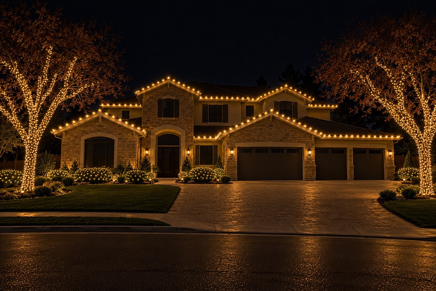 Holiday light installation in Auburn, CA: grand stone stucco estate wrapped oaks c9 warm white