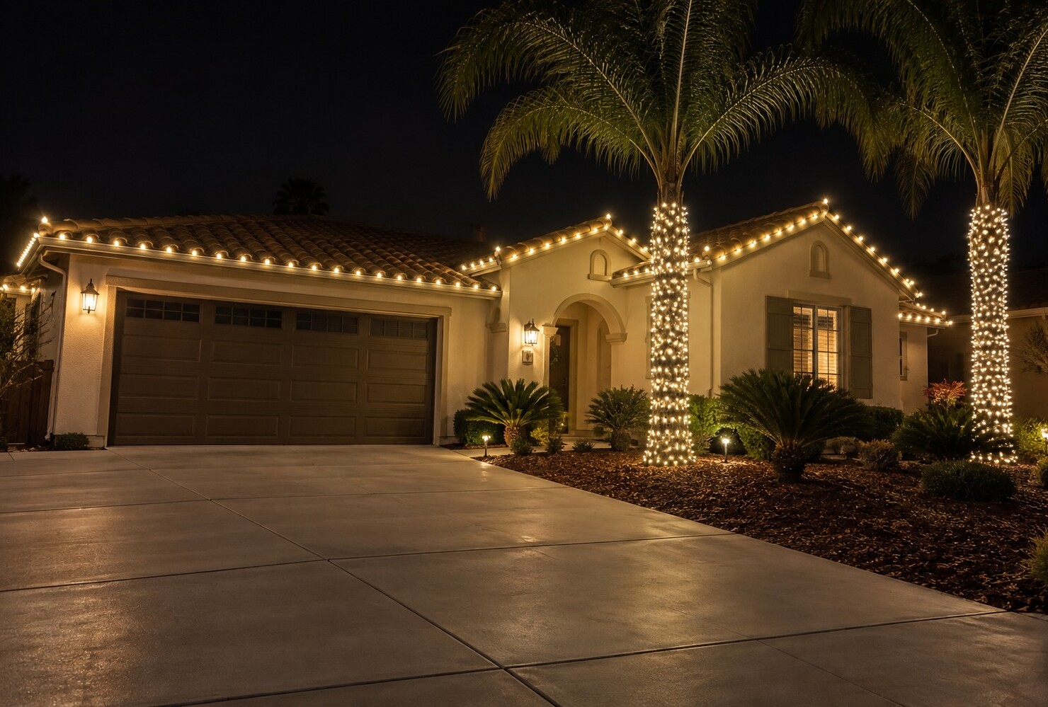 Holiday light installation in Auburn, CA: spanish cream warm white palms