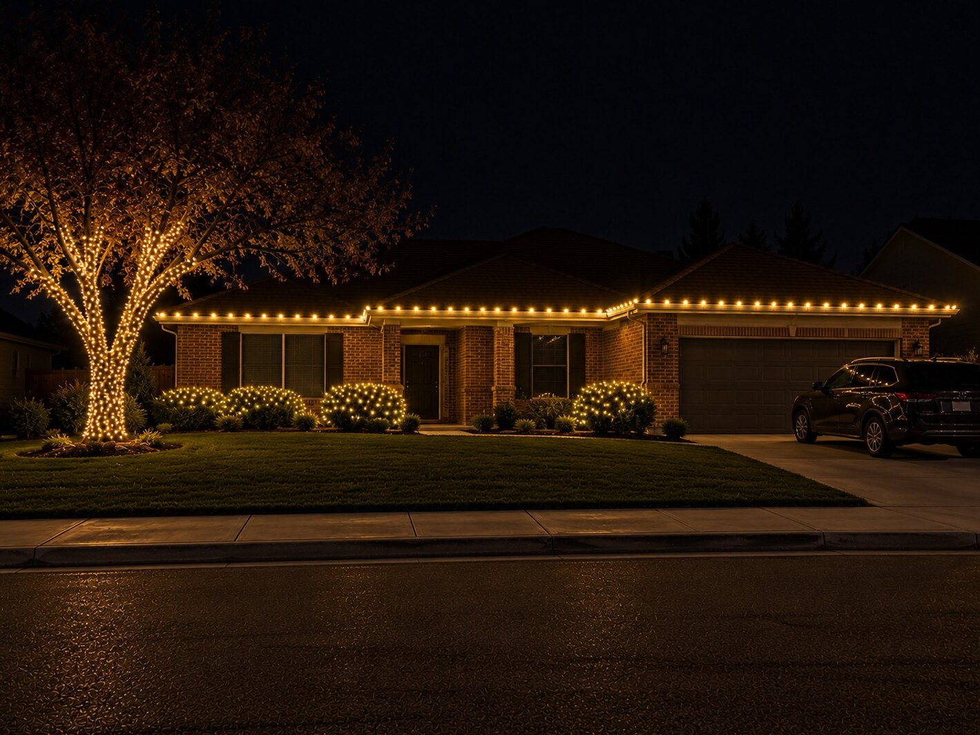 Holiday light installation in El Dorado Hills, CA: brick ranch tree sleeve wrap c9 warm white