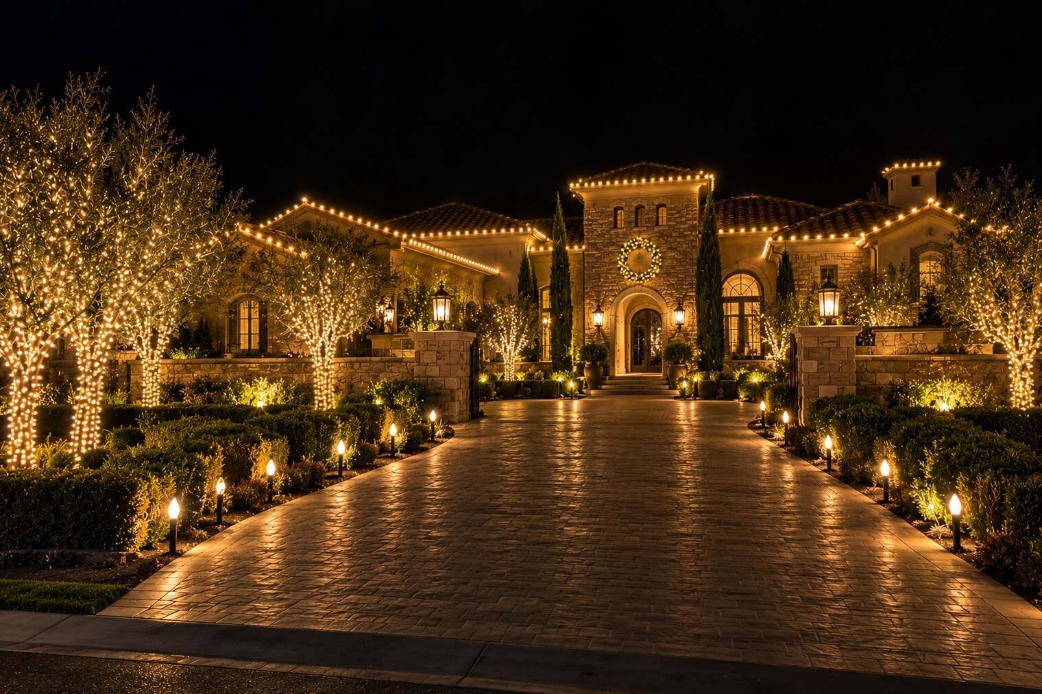 Holiday light installation in Pollock Pines, CA: grand tuscan estate stone entry tower wreath olive trees warm white