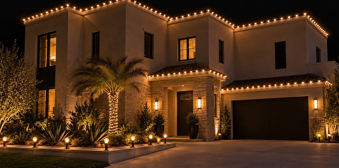 Holiday light installation in Sacramento, CA: modern parapet warm white agave