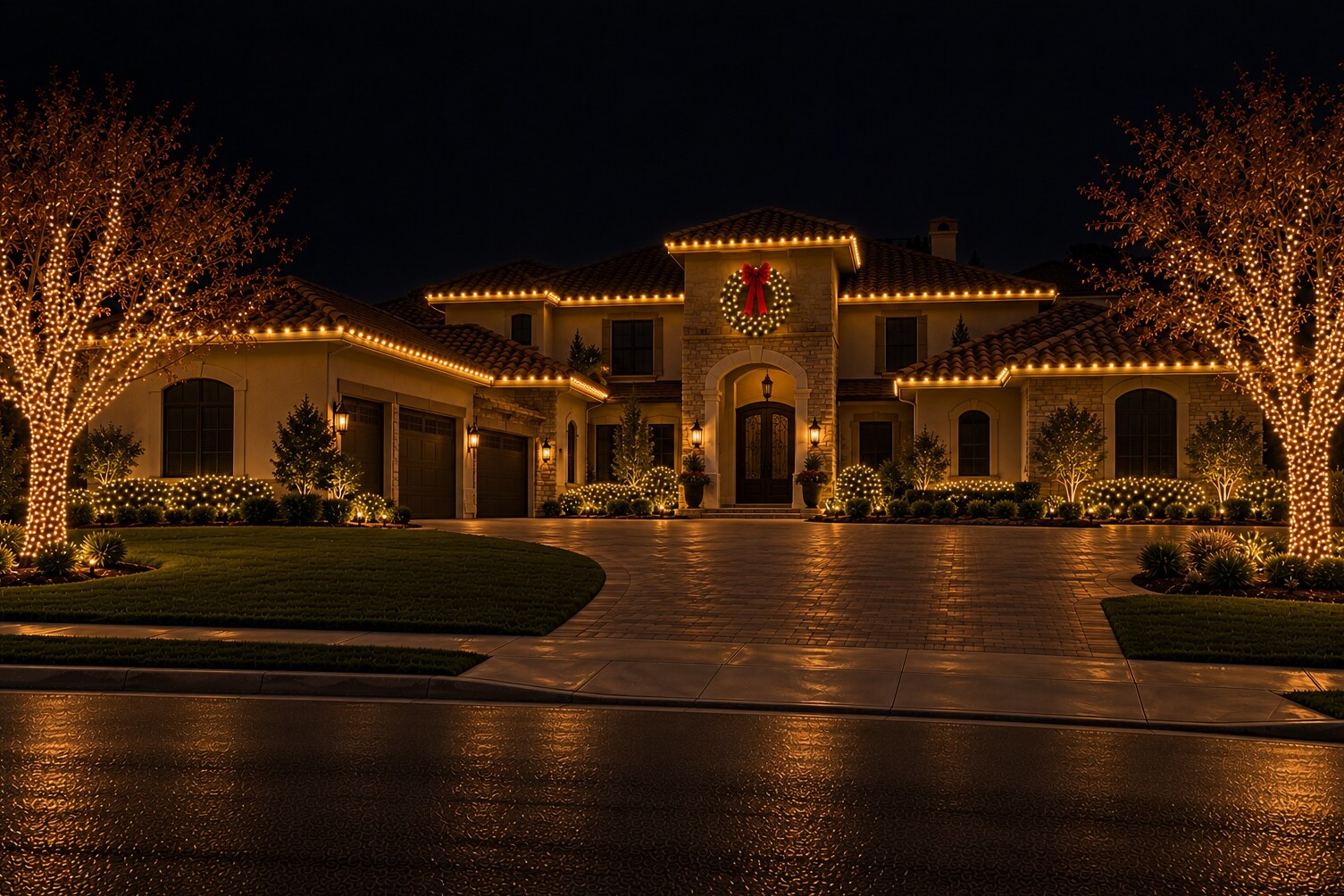 Holiday lighting in Elk Grove, CA: grand tuscan tower wreath estate c9 warm white