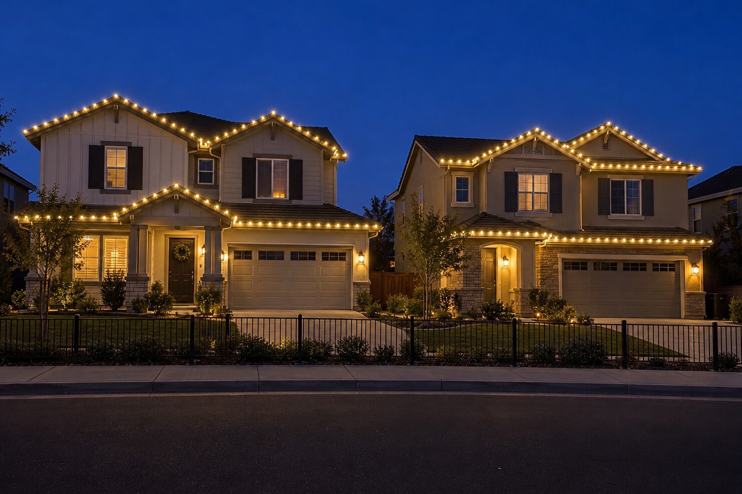 Holiday lighting in Galt, CA: two homes street warm white bluehour