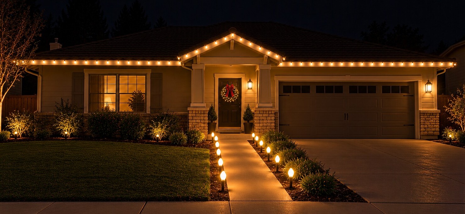 Holiday lighting in Loomis, CA: ranch home door wreath walkway stakes warm white