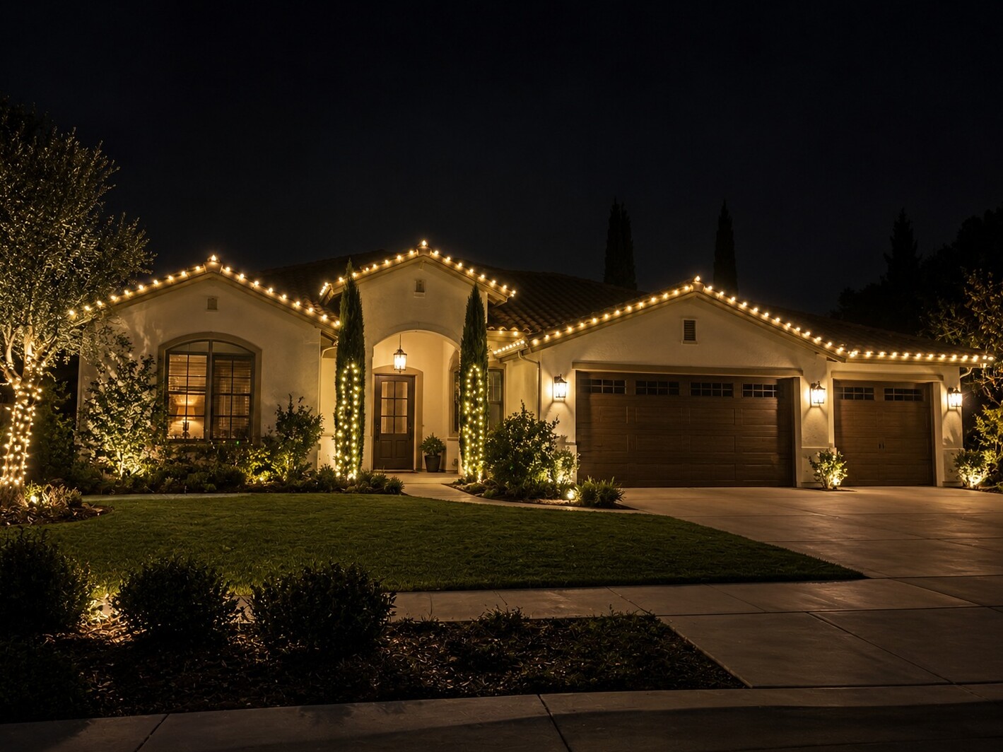 Holiday lighting in Rocklin, CA: spanish ranch tile roof arched entry warm white roofline