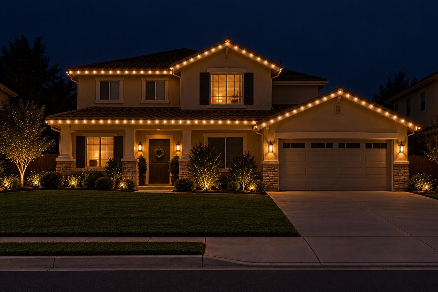 Holiday lighting in Sacramento, CA: tract two story warm white front