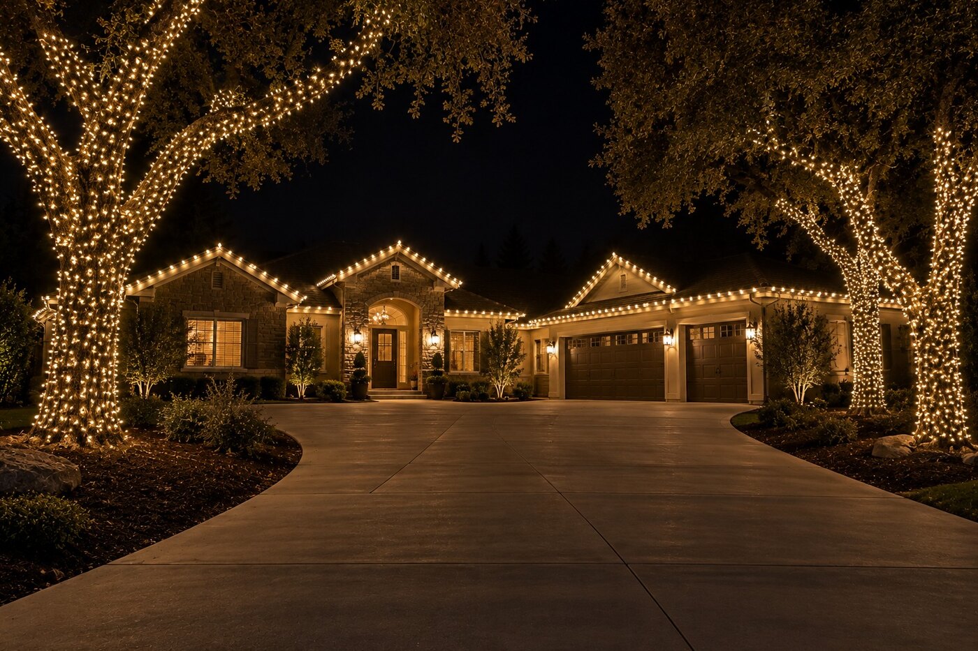 Professional christmas lights in Folsom, CA: custom three car warm white oaks driveway