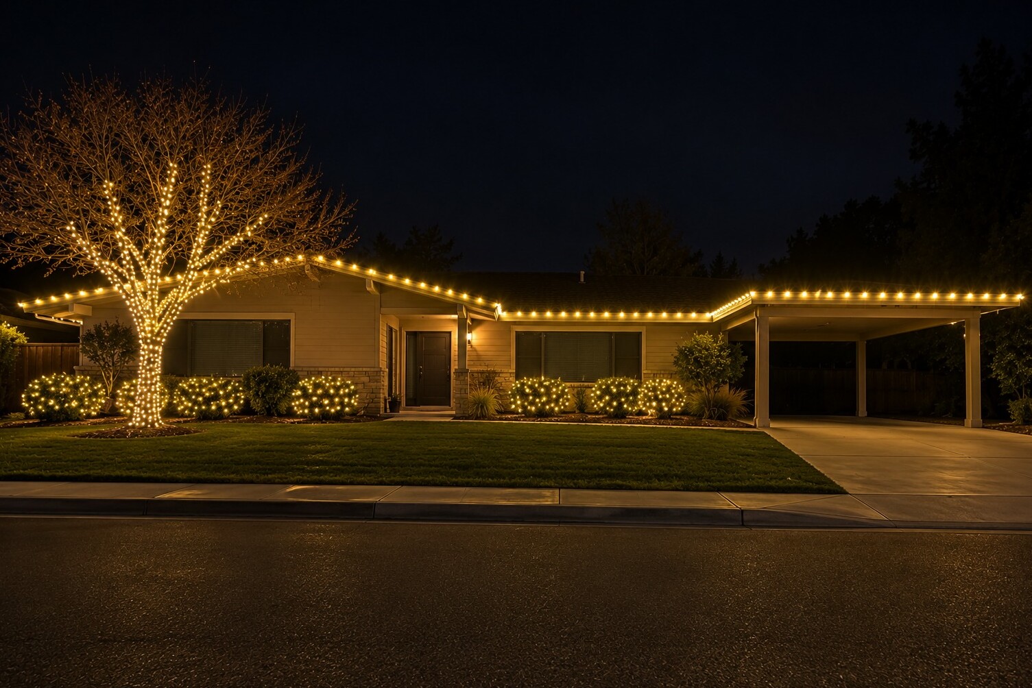 Professional christmas lights in Folsom, CA: midcentury carport fascia c9 warm white