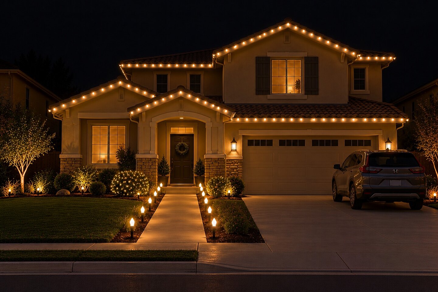 Professional christmas lights in Galt, CA: tract two story warm white stakes