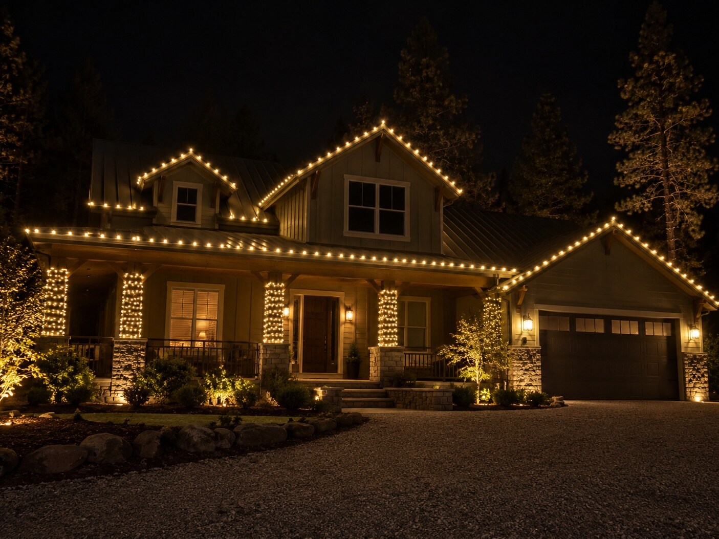 Professional christmas lights in Loomis, CA: foothill craftsman metal roof porch warm white